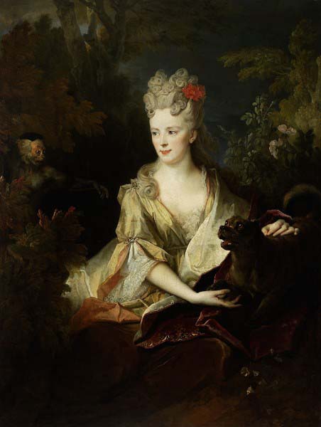 Portrait of a lady with a dog and monkey.